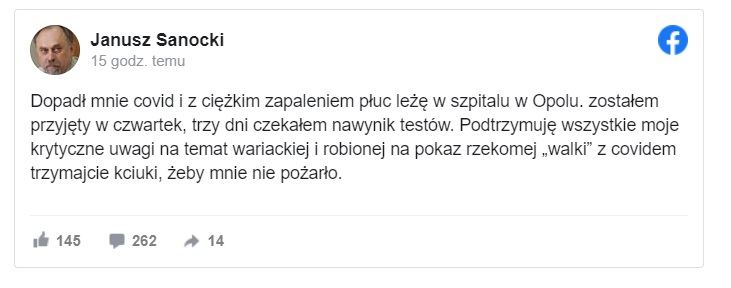 Koronawirus atakuje również polityków, do tego grona dołączył Janusz Sanocki, który z ciężkim przebiegiem COVID-19 znalazł się w szpitalu