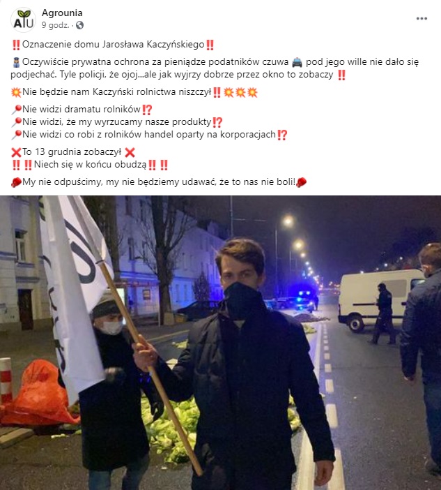 Protest Rolników: Agrounia podjechala pod dom Kaczyńskiego, wyrzucili na ulicę jaja,ziemniaki, kapustę oraz martwą świnię
